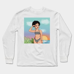 portrait girl beach swimsuit illustration aesthetic Long Sleeve T-Shirt